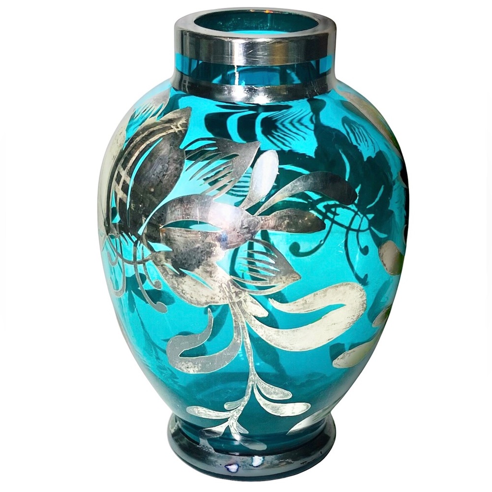 Vintage Teal Turquoise Sterling Silver Overlay Glass Vase
